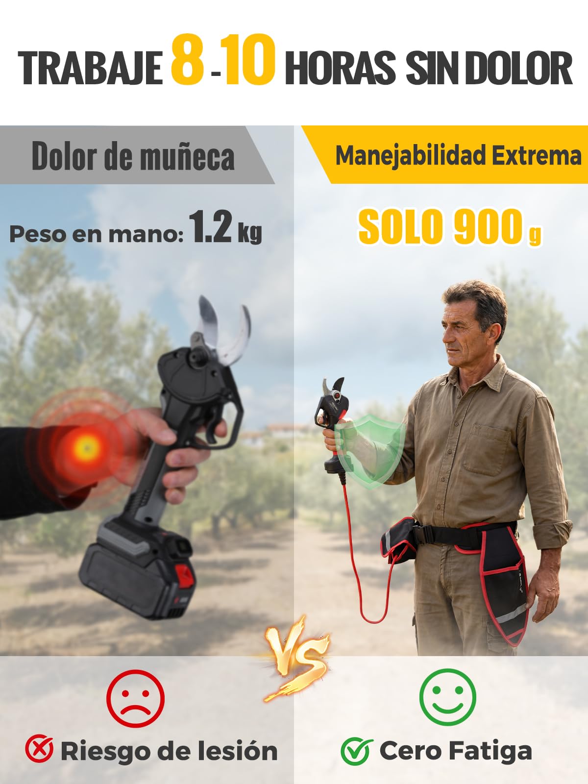 Laecabv LA42S Tijeras de Podar Eléctricas Profesionales 42mm, 2 Baterías 4Ah (8-10h), con Mochila y Cable para Aliviar Peso, Motor sin Escobillas 1150W, Olivo y Viñedo