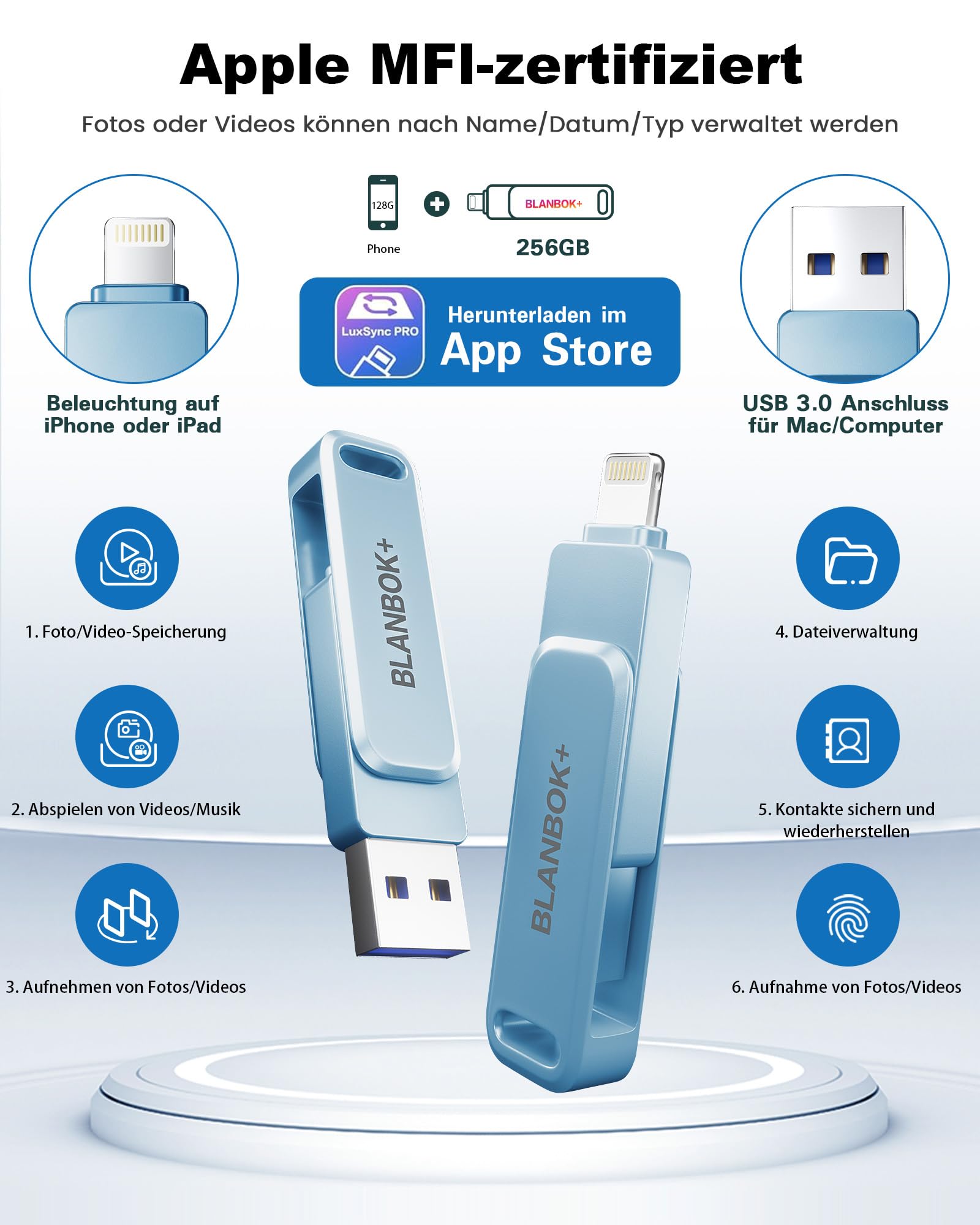 Apple Chiavetta USB certificata MFi per cellulare, unità flash 3 in 1 per iPhone, iPad, Android e PC, memoria USB 3.0 ad alta velocità, per backup di foto e dati (blu, 256 GB)