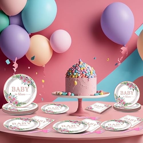 Miniatura 119 de 96 piezas de suministros de fiesta de cumpleaños florales de cumpleaños, platos de papel, servilletas, flores de oro rosa, decoraciones de fiesta