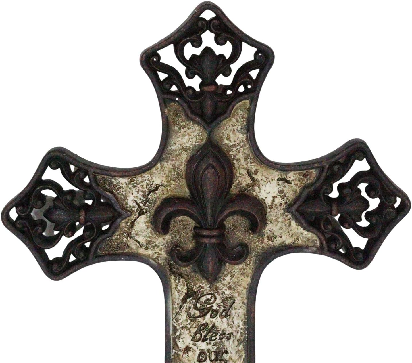 Ebros Gift Rustic Southwestern Tuscany Christian Inspirational Fleur De Lis French Lily God Bless Our Home Wall Cross Plaque Decor Sculpture Figurine