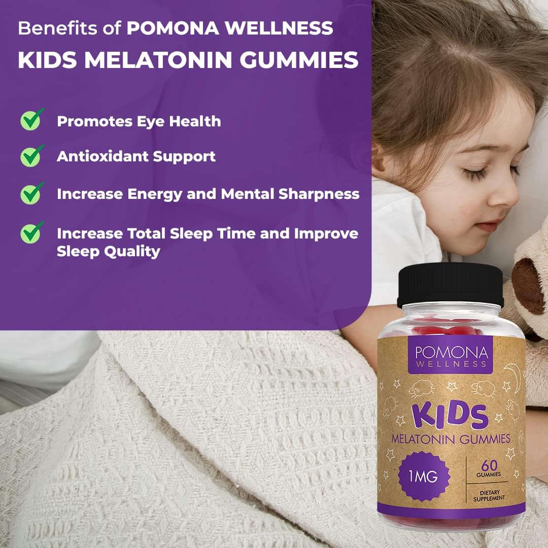 Pomona Wellness Kids Melatonin Gummies, Supports Healthy Sleep Cycle for Children, Strawberry, Low Sugar