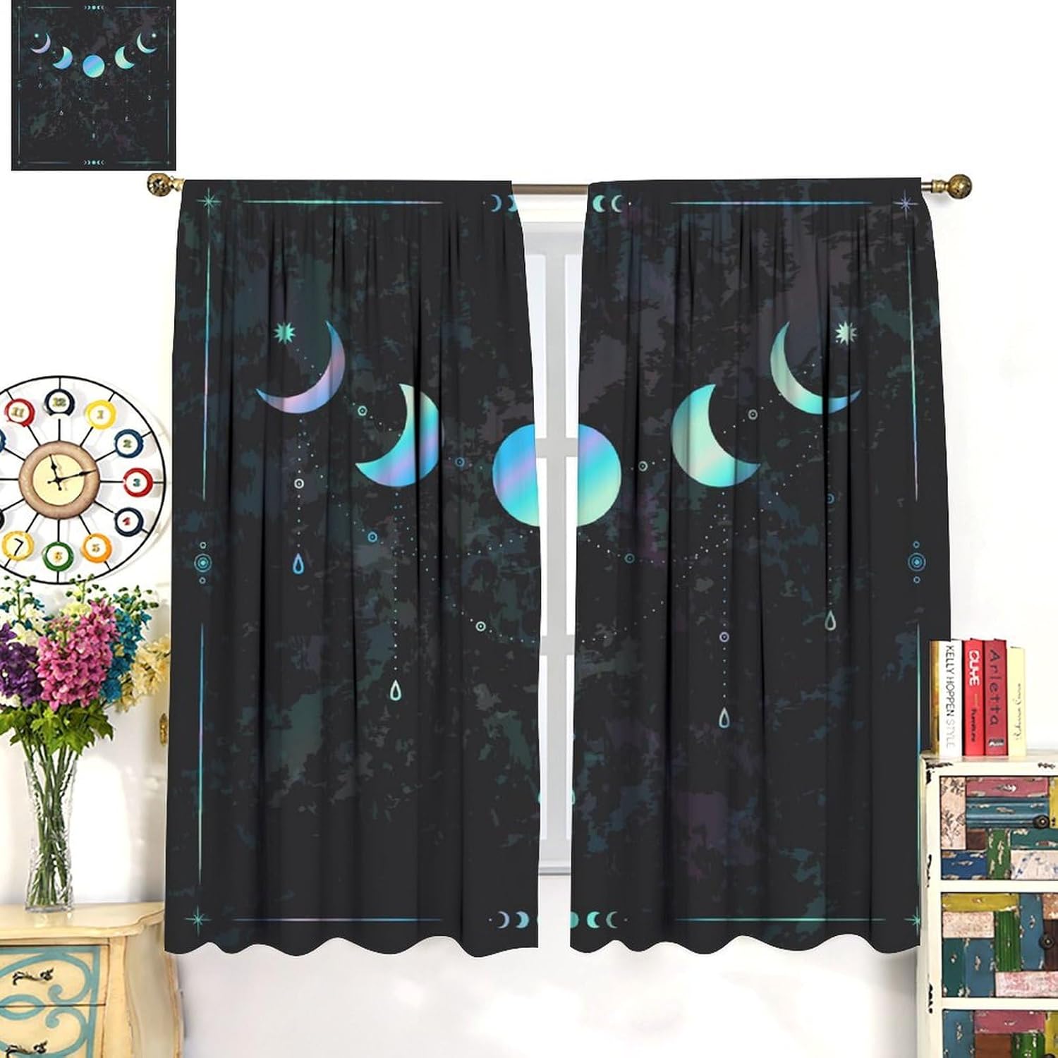 Sun Moon Mandala Celestial Curtain Vintage Boho Blue Chic Mystic Universe Starry Sky Blackout Rod Pocket Curtains Living Room Bedroom Window Drapes Set 42x54 Inch
