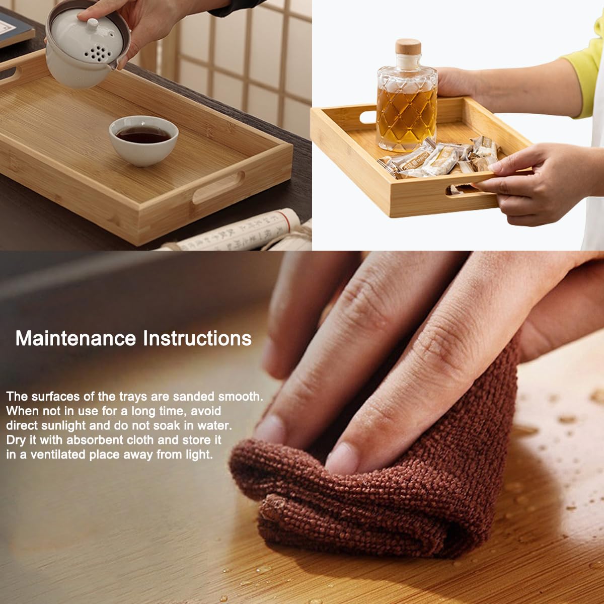 Bandeja de madera maciza, cuadrada antideslizante, para té, café, aperitivos, bandeja para servir con bordes elevados, bandejas de madera de 3 tamaños, bandejas decorativas para fiestas, servir