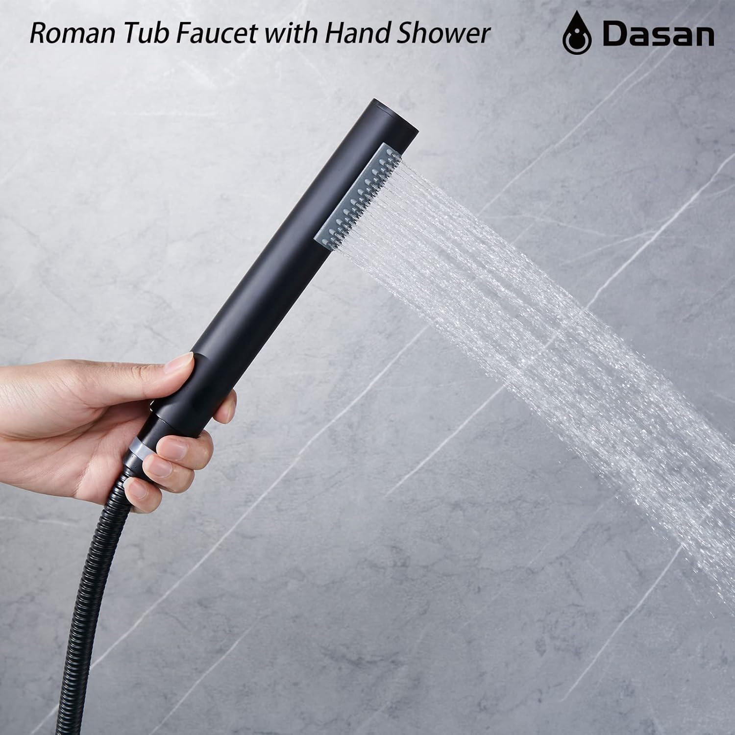DASAN Roman Bathtub Faucet Set with Handheld Shower Sprayer 3-Hole Deck Mount Tub Filler Faucet Set, Matte Black Waterfall Roman Tub Faucet with Valve Included, DA-TF09WH-BK