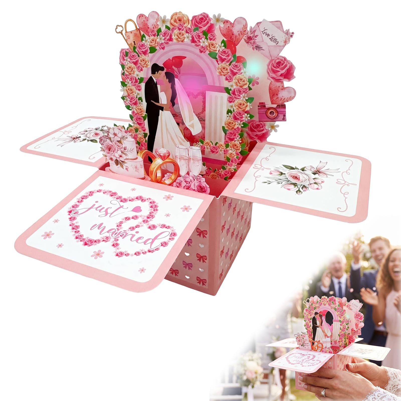 Wedding Card with Music and Light, Just Married 3D Pop Up Weddings Card for Bride and Groom for Daughter, Best Friend, Brother & Sister in Law, Giftcard for Weddings