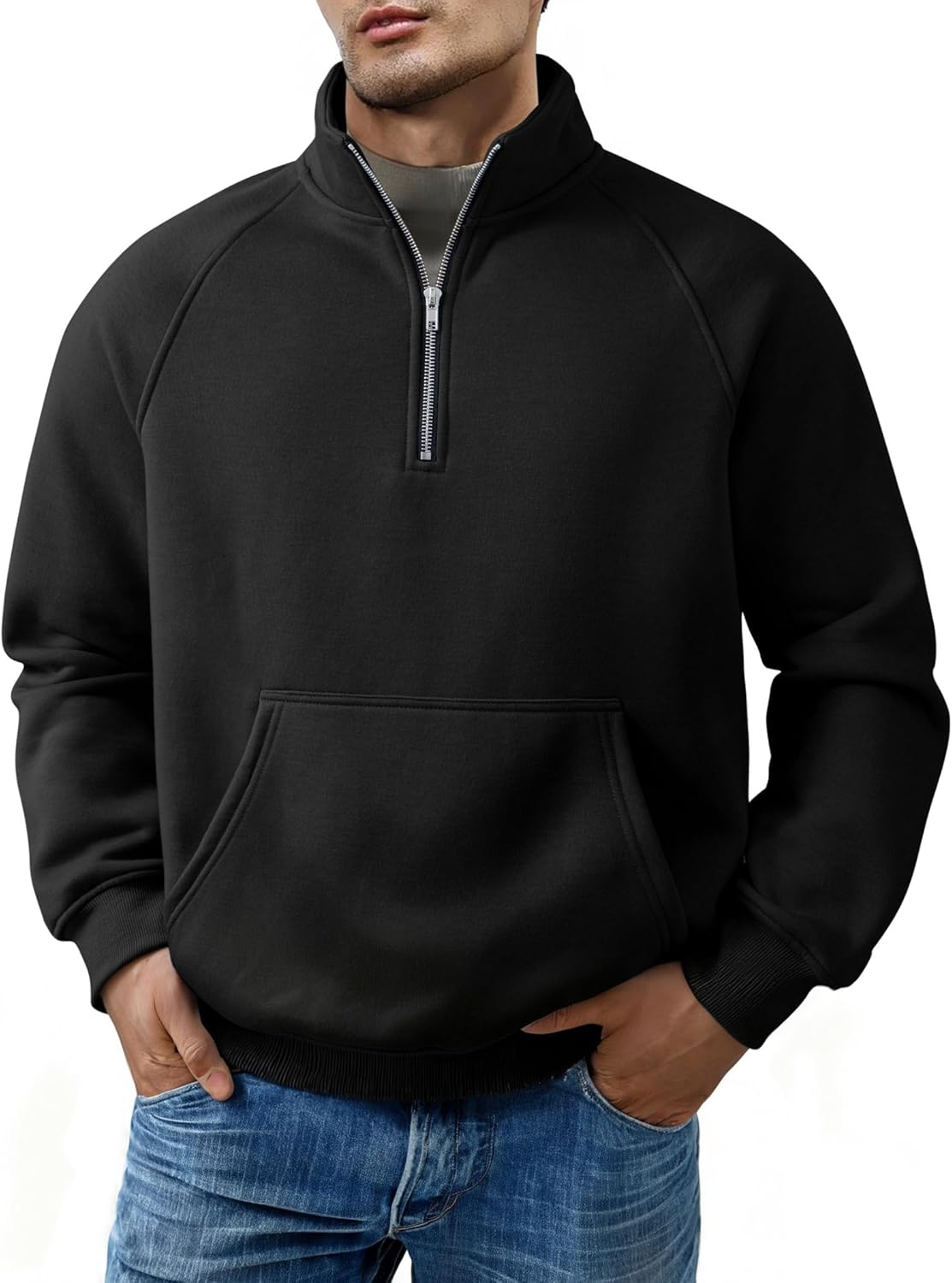JMIERR Men's Fleece Quarter Zip Pullover Sweater Casual Cotton Fall Winter Family Outfit Warm Mock Neck with Pockets