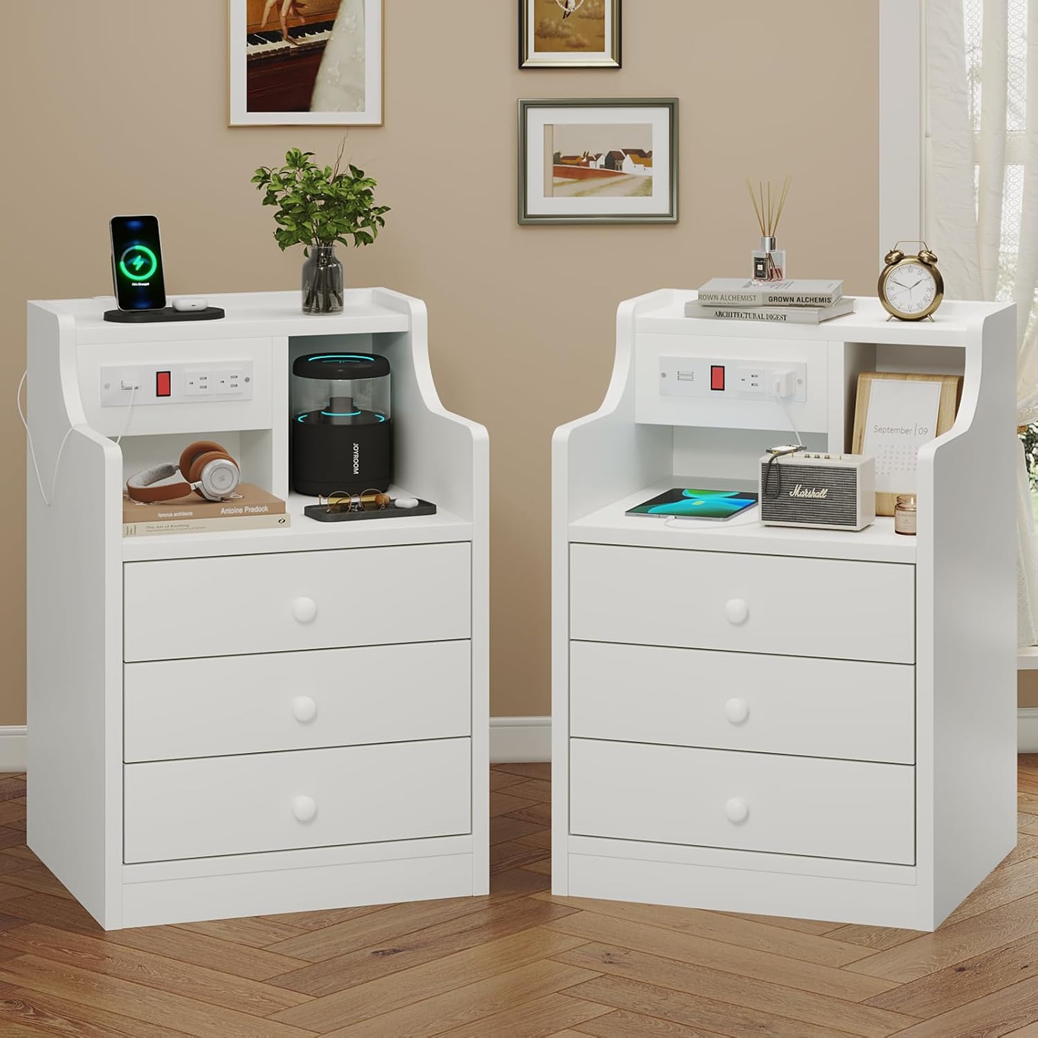 Tiptiper Nightstand Set 2, White Night Stands with Hutch