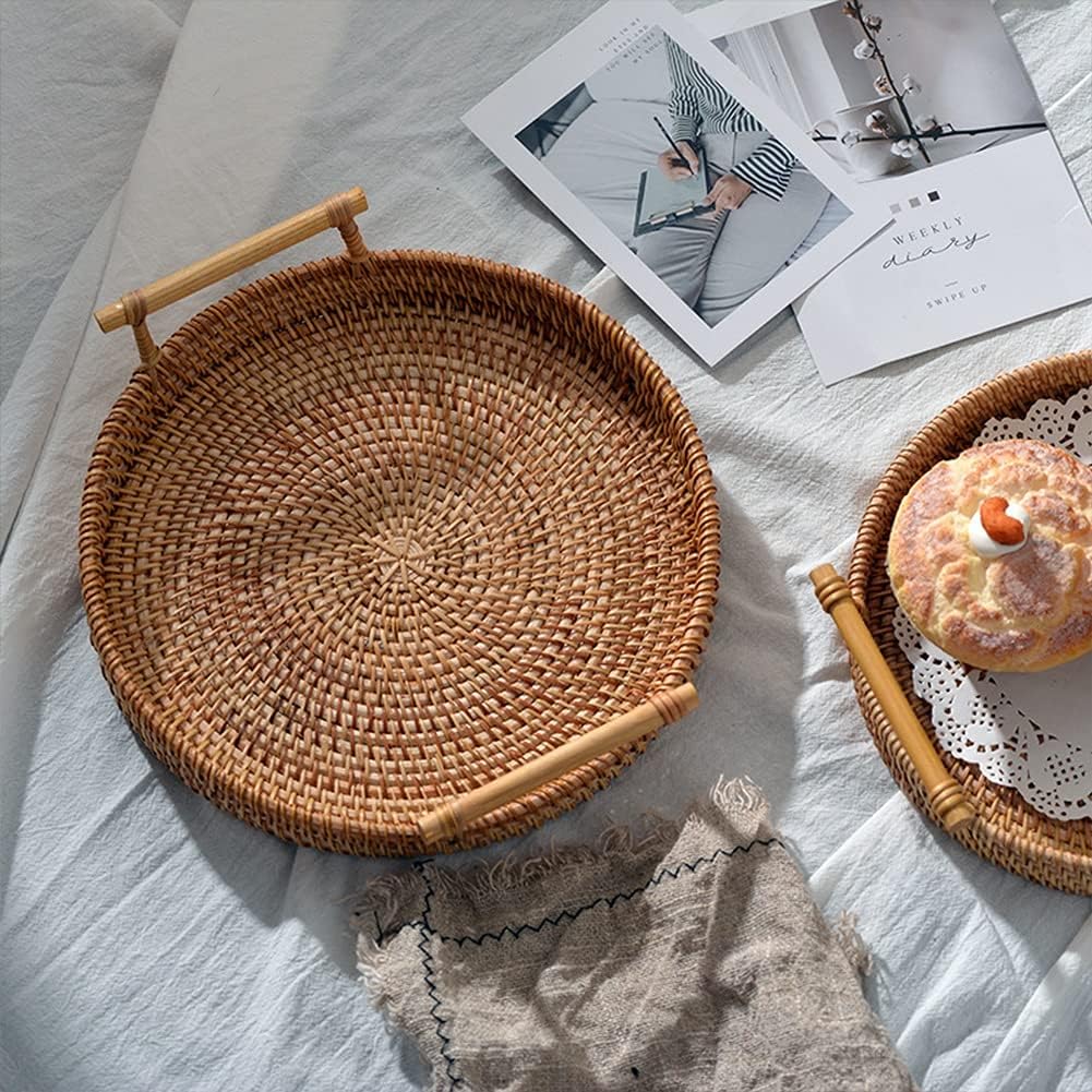 FMURY Round Rattan Storage Tray Hand-Woven Wicker Basket with Handle for Bread Fruit Food Breakfast Display Storage Baskets