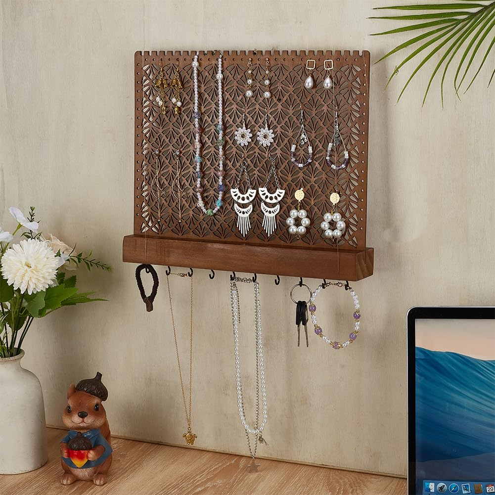 FINGERINSPIRE Porte-Bijoux Mural en Bois Marron avec Crochets pour Boucles D'Oreilles, Bracelets, Colliers