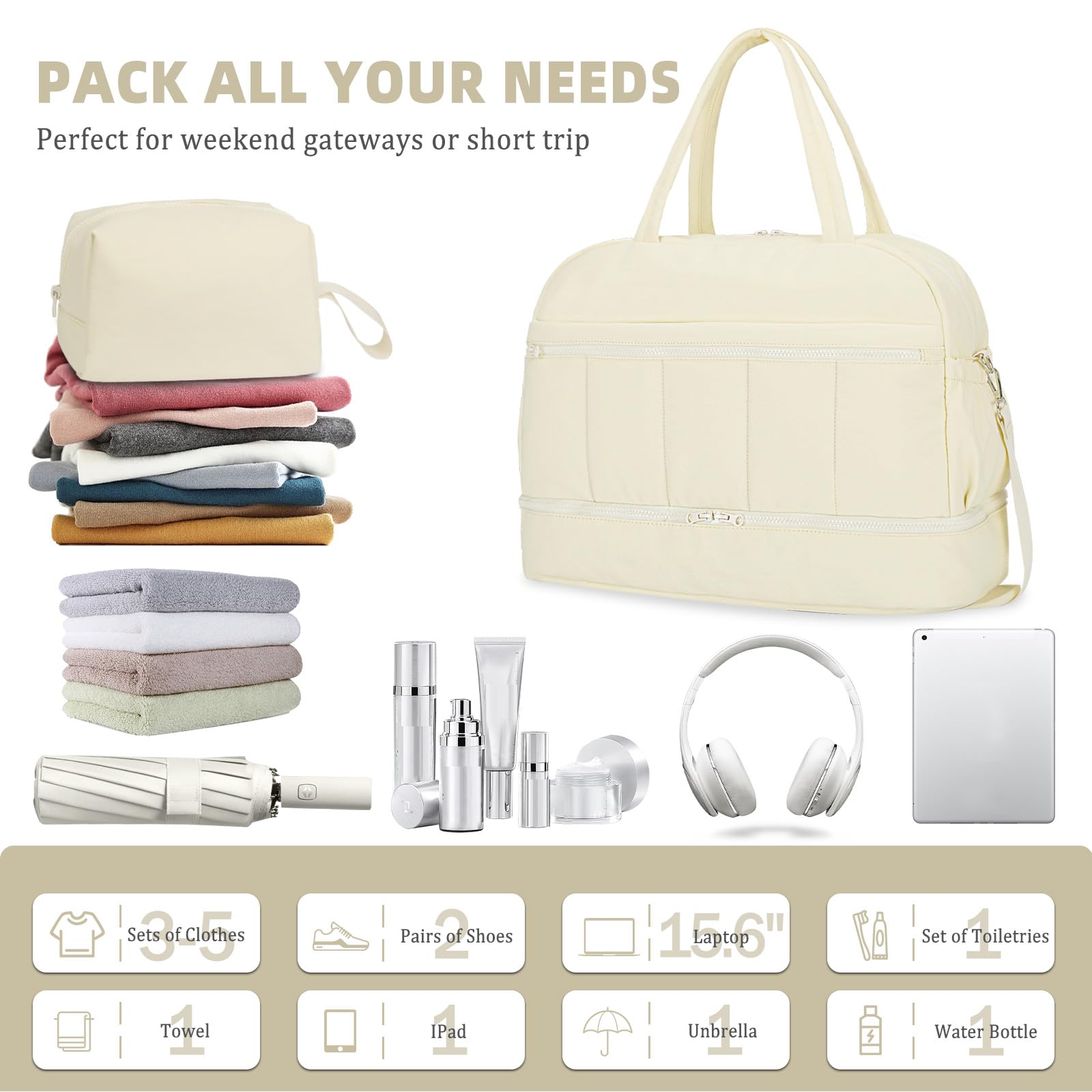 Borsa da viaggio da donna, borsa da viaggio con scomparto per scarpe, borsa sportiva da donna, Beige, Small, Alla moda