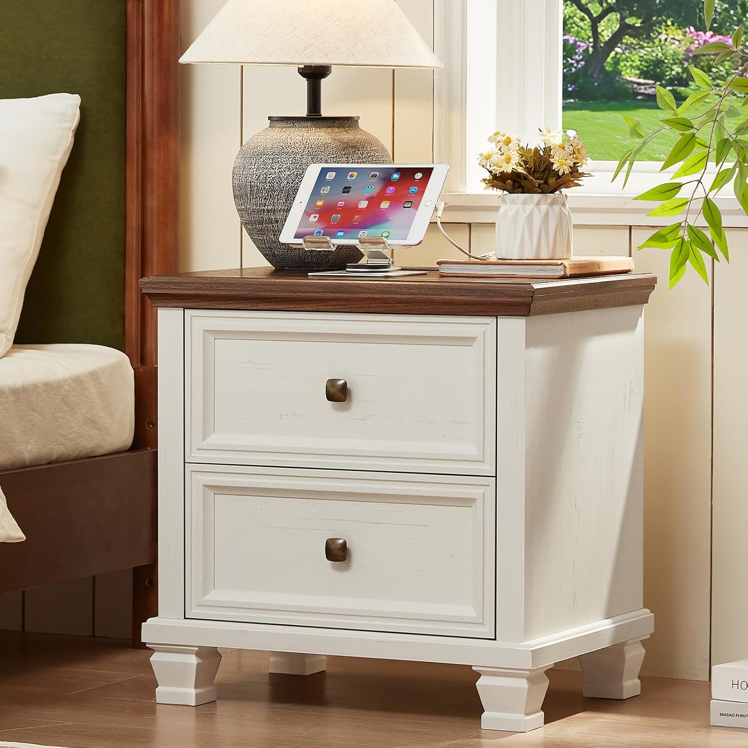 Farmhouse Nightstand with Charging Station, Rustic Low Night Stand with 2 Drawers, Mid-Century Modern End Table with 4 Square Solid Wood Legs, Small Dresser for Bedroom, Home, White 2 Drawers White 1