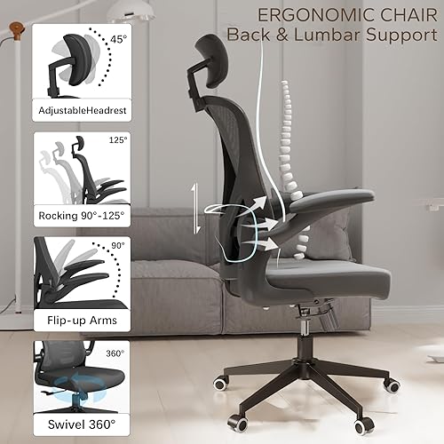 Miniatura 4 de Silla de oficina ergonómica con función de inclinación, reposacabezas ajustable con brazos abatibles, cojín para soporte lumbar y ruedas