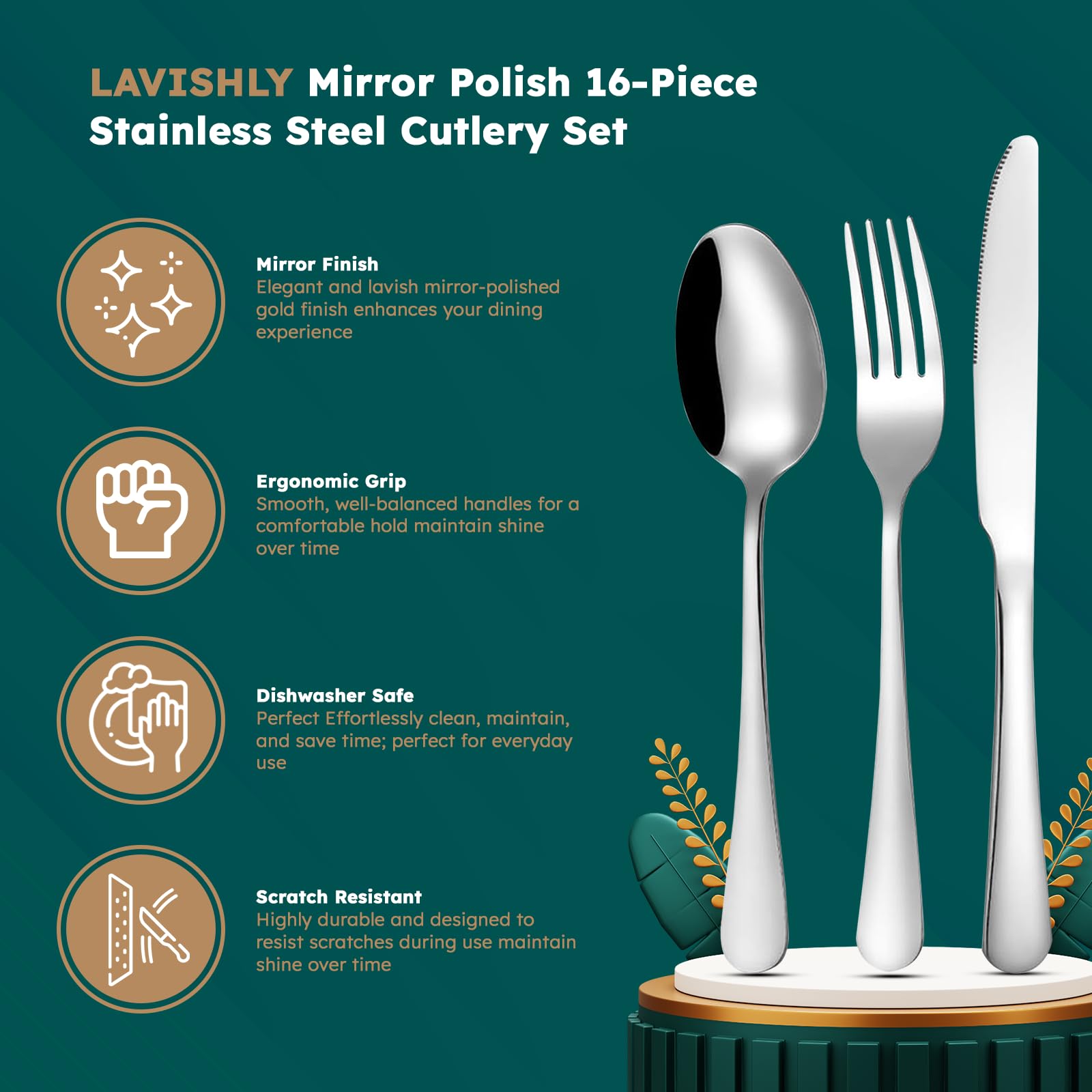 16-Piece Silver Stainless Steel Flatware Set, LAVISHLY Mirror Polished Cutlery for 4 People, Durable & Dishwasher Safe Tableware - Image 2