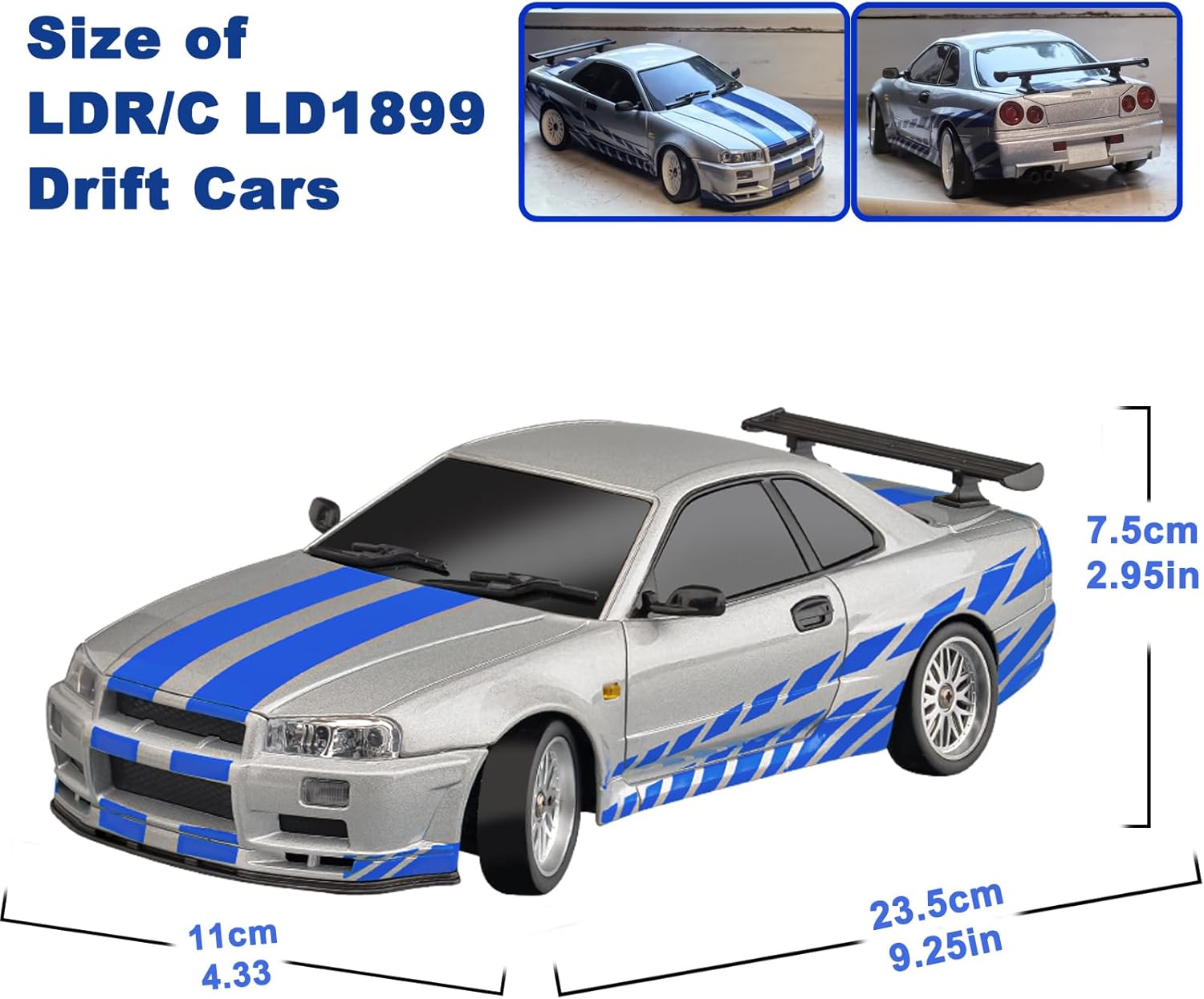 Skymaker LDRC LD1899 1/18 RC Drift Car Nissan Skyline GTR R34 | RWD 2.4GHz Gyroscope | 3 Batteries Silver