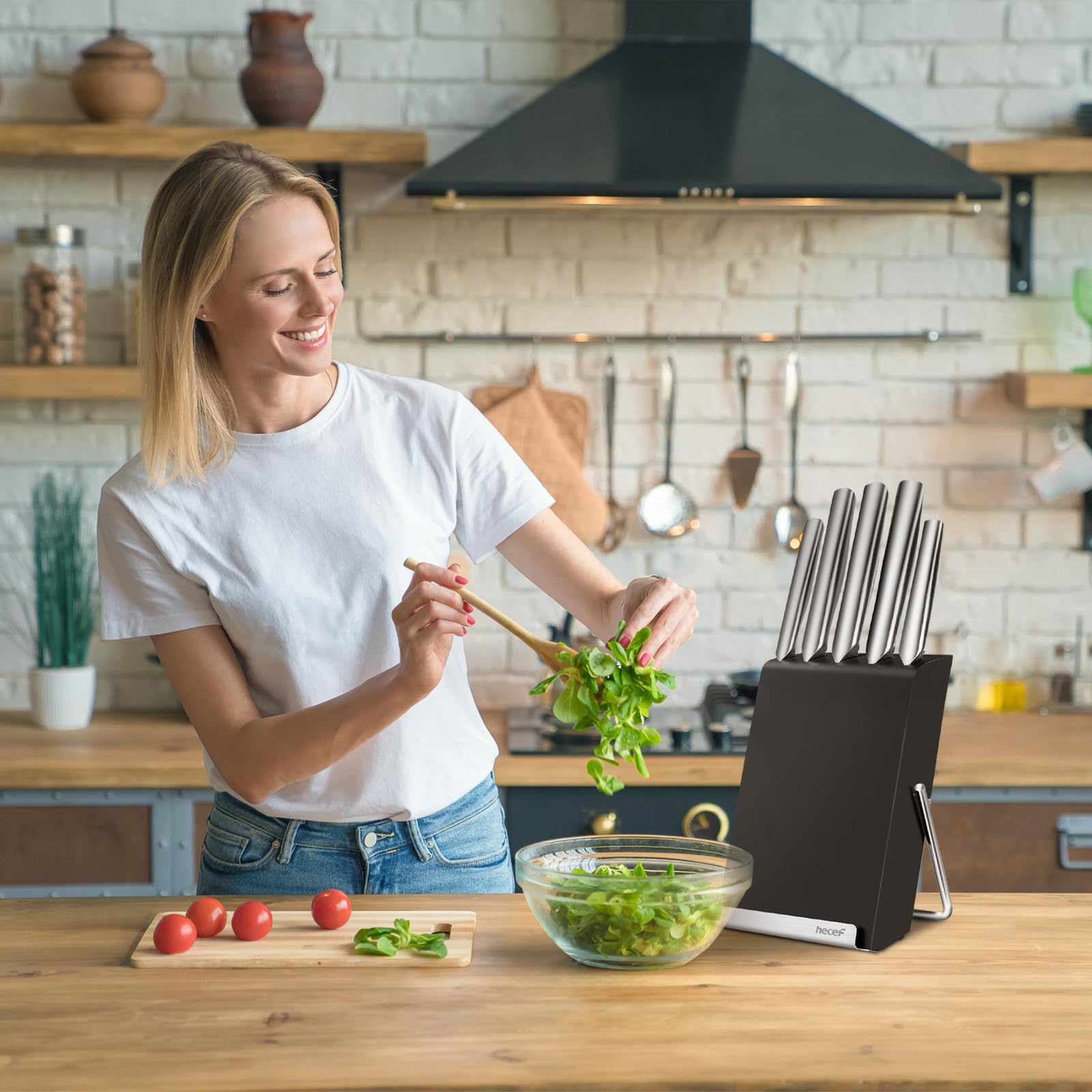 hecef Set Coltelli da Cucina con Ceppo In Legno, 6 Pezzi Coltello da Cucina da Acciaio Inox, Ceppo Coltelli con Mensola per Tagliere, Nero