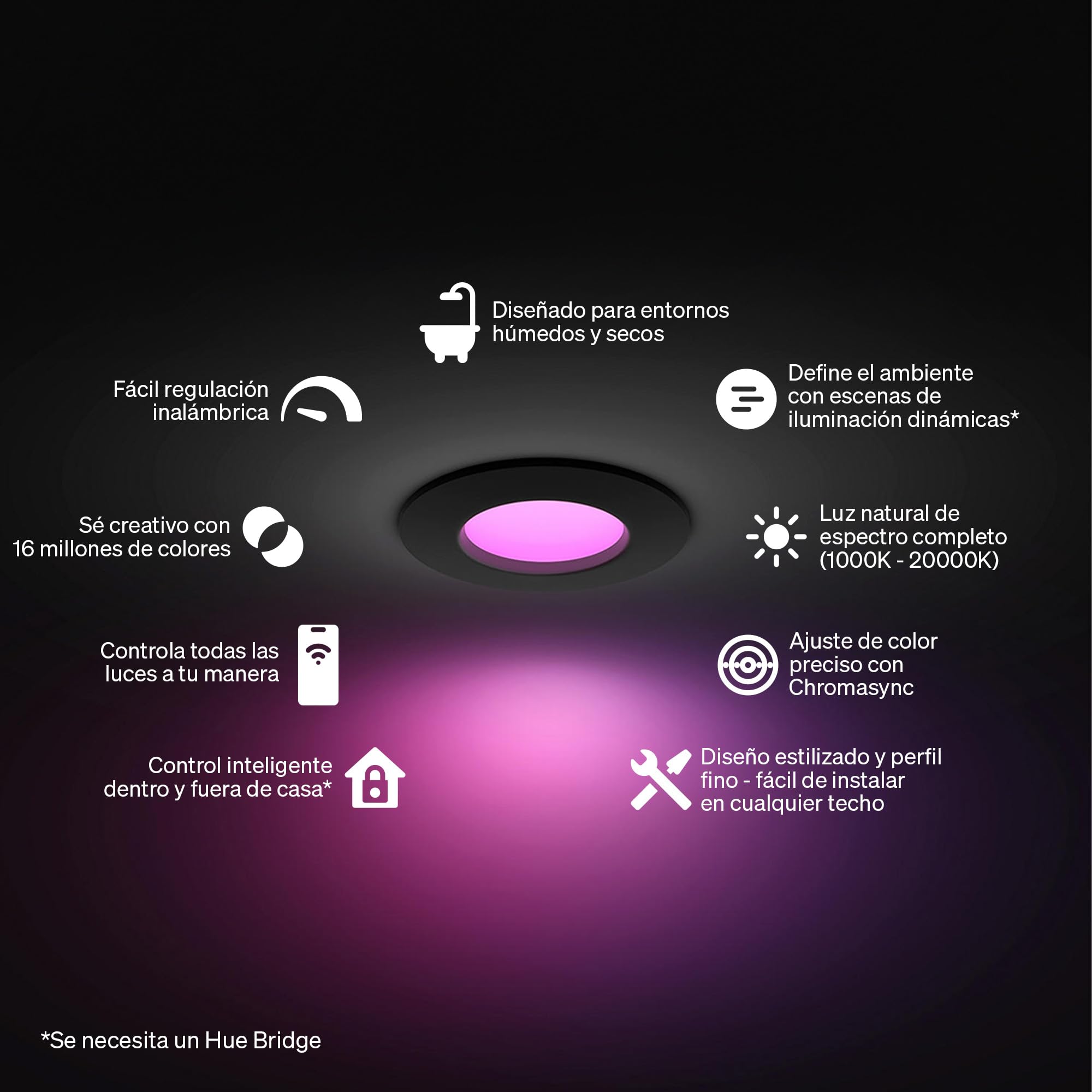 Philips Hue Slim Downlight, Plafón LED Empotrable, 1000 lm, 90 mm, Diseño Delgado, Espectro Luz de Día 1000K-20000 K, Regulación Ultrabaja, Color Preciso, Iluminación Inteligente, Negro, Pack de 1