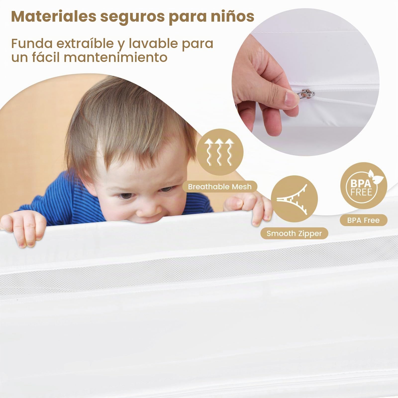GOPLUS Barrera de Cama para Niños Pequeños 120 CM, Barandilla de Cama para Bebés Abatible con Estructura de Metal, Funda Desmontable y Lavable y Correa de Seguridad, para Cama (Blanco)