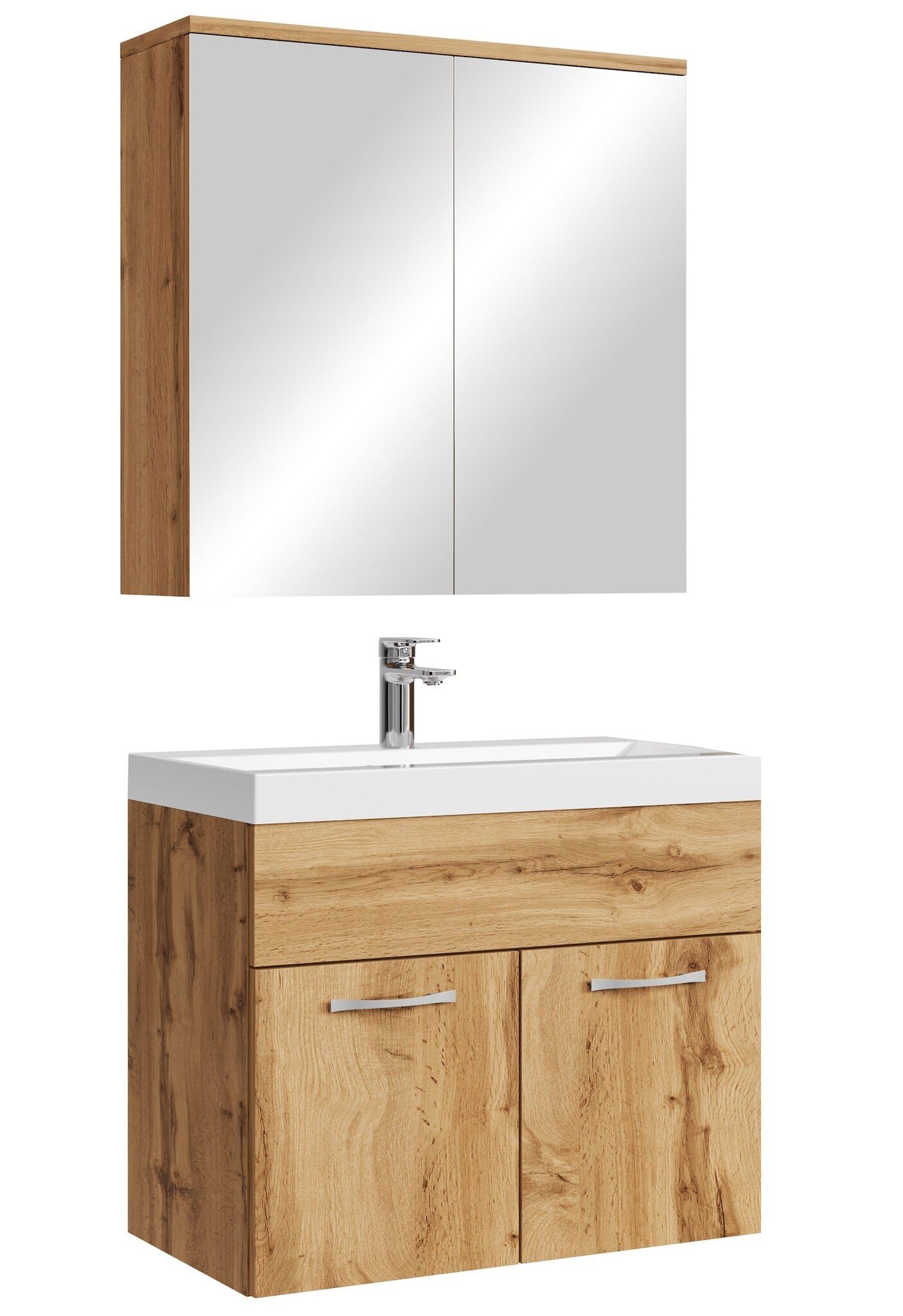 Badplaats Badmöbel Komplettset Montreal 60 x 35 cm Eiche - Badezimmermöbel mit Waschbecken und Spiegelschrank