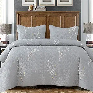 Exclusivo Mezcla Reversible Boho Quilt Set King Size, 3 Pieces Flowers Grey All Season Bedspreads, Ultra Soft Floral Coverlet Bedding Set with Printed Pattern (1 Quilt, 2 Pillow Shams)