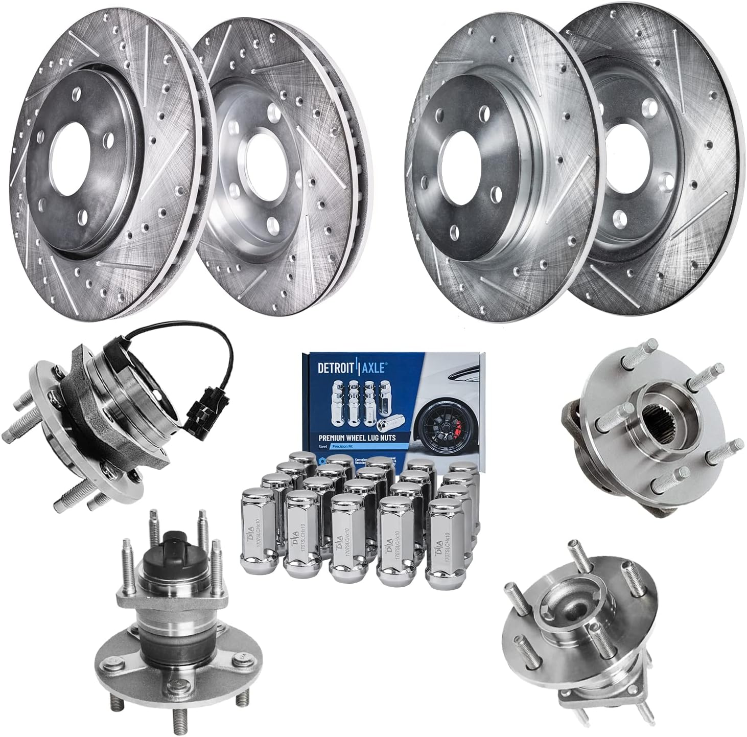 Detroit Axle - Brake Kit for Pontiac G6 Chevrolet Malibu HHR Saturn Aura, 11.65'' inch Front and 10.64'' inch Rear Drilled & Slotted Brake Rotors Wheel Bearings & Hubs Wheel Lug Nuts Replacement
