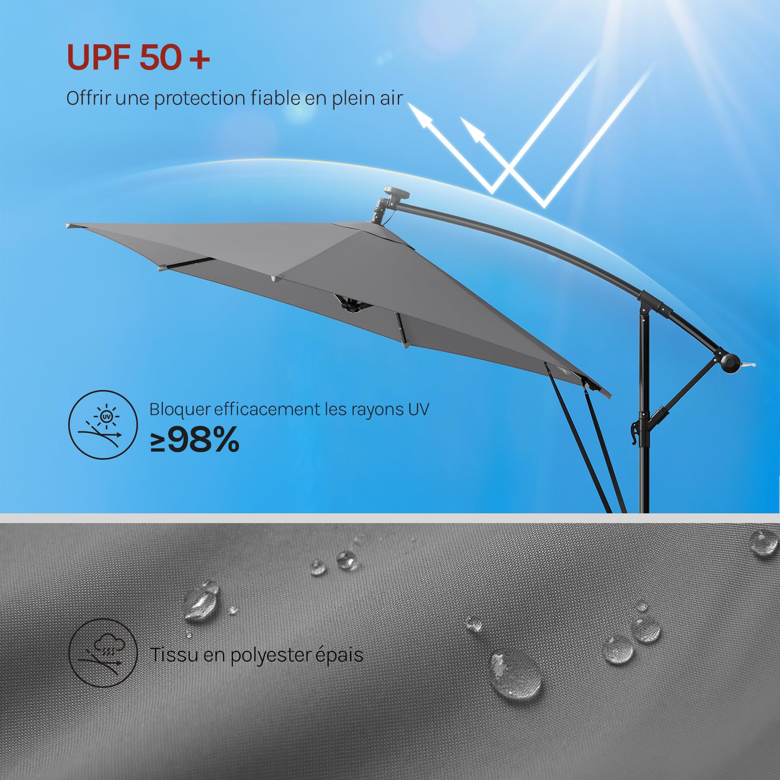 WOLTU Parasol Déporté, avec LED Solaire, Parasol de Jardin Extérieur, Hexagonal, Ф3m, Rotation à 360°, Inclinaison Réglable, UPF 50+, Mât en Métal, avec Manivelle, Housse et Cordes