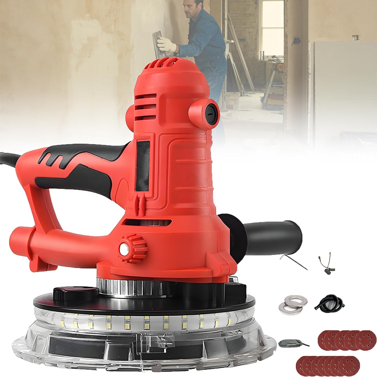 Electric Drywall Sander with Variable Suction, 2.0KG Ergonomic Handheld Tool with Reversible Grip, for Erasing Paint Stains and Smoothing Latex Finishes, Includes Auto Vacuum and 100 Sandpapers