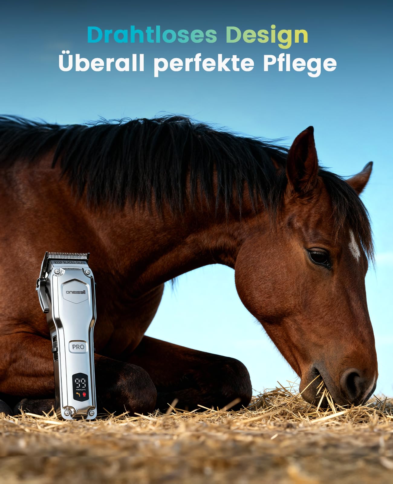 oneisall Kabellose Schermaschine Pferd, Pferdeschermaschine mit 6 Aufsätzen und abnehmbarer Edelstahlklinge im Stall, Leise Tierschermaschine Pferd/Hund für dickes fell, 4h Laufzeit