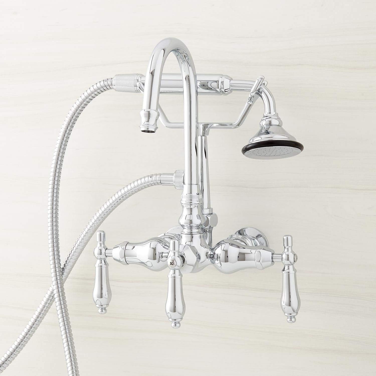 Signature Hardware 419210 Pasaia Wall Mounted Tub Filler Faucet with 6" Wall Couplers, Integrated Diverter- Includes Telephone Style Hand Shower