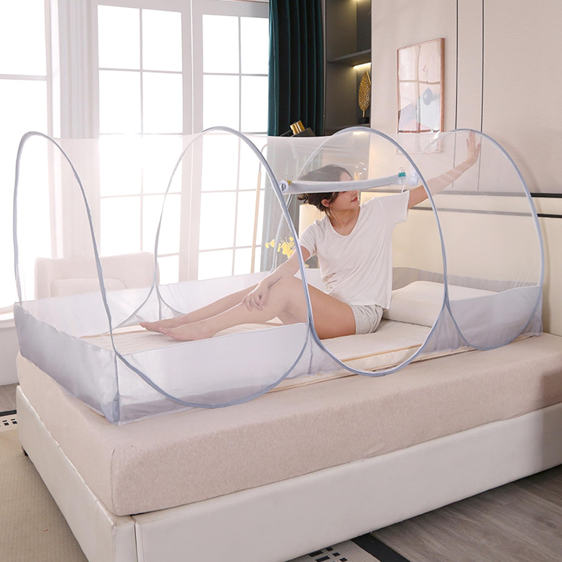 Neta de Mosquitos para la Cama 75x35x35in Pop-Up Tienda de mosquitera Transpirable Plegable con Puerta de poliéster de la Puerta con Cremallera Tienda de Malla de poliéster para Acampar, Dormitorio