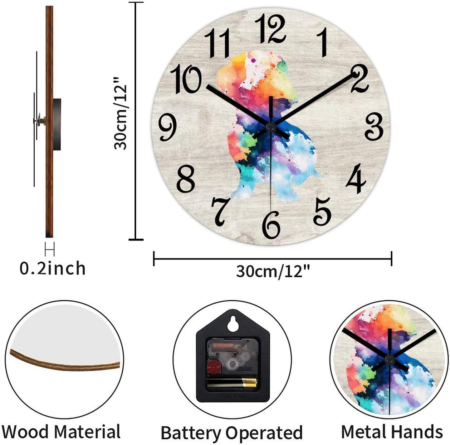 Dachshund Round Wooden Clock for Wall Decor Lovely Dog Farmhouse Wall Clock 12 Inch Silent Non-Ticking Wood Clock for Office Classroom Wall Art