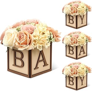 Acmee 4 Set Baby Shower Centerpieces for Tables - 6 inch Wooden Boxes with Baby Letters Rustic Cube Planter Wood Blocks for Gender Reveal Party Favor (Brown)