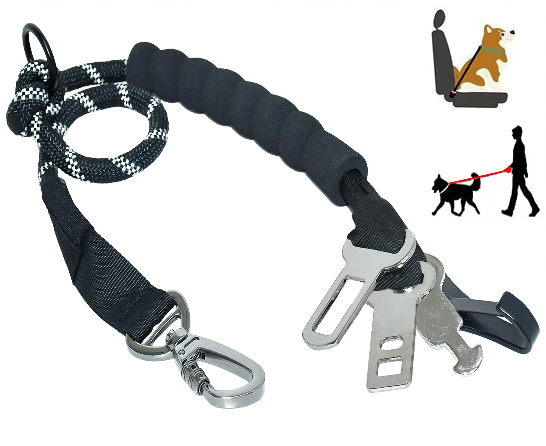Heavy Duty Dog Seat Belt for Car, 3-in-1 No-Pull Safety Leash with Reflective Climbing Rope & Padded Handle, Adjustable Restraint for Vehicle Travel & Walking Large Medium Dogs, Black