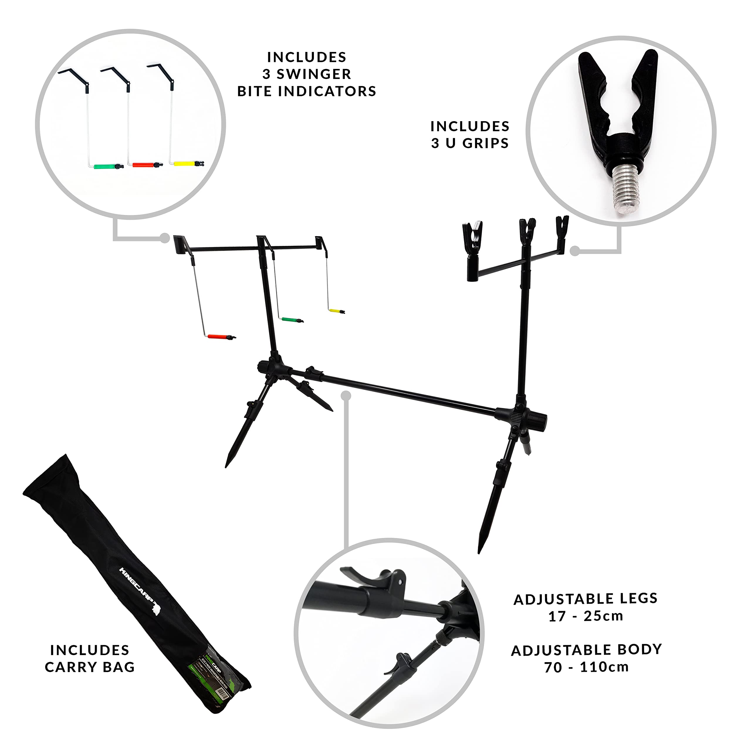 Angelruten-Pod für bis zu 3 Ruten mit Ablagen, Schaukel und Tragetasche, verstellbar von 70 cm bis 110 cm, für Seen und Flüsse [25-3399]