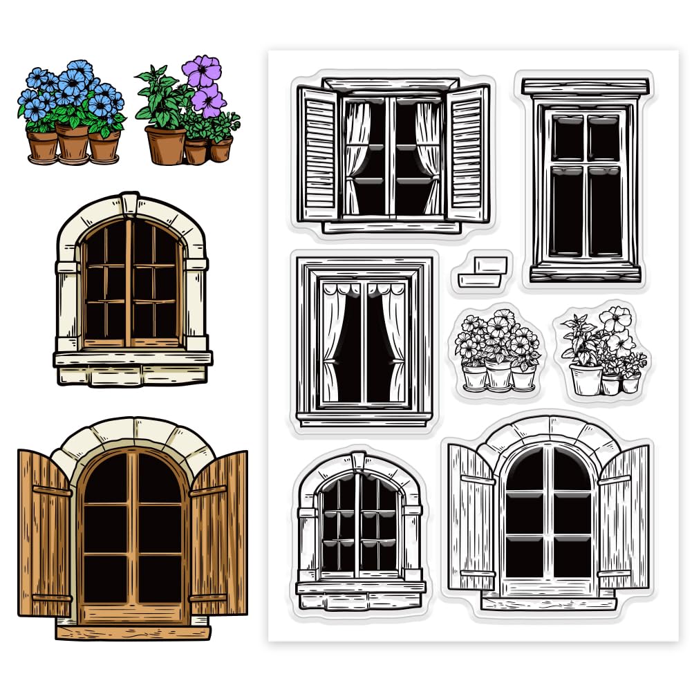 CHGCRAFT Vintage Windows Potted Plants Clear Stamps Silicone Clear Stamps for DIY Scrapbooking Photo Album Decorative Cards Making, Window, 6.3X 4.33x 0.12inch