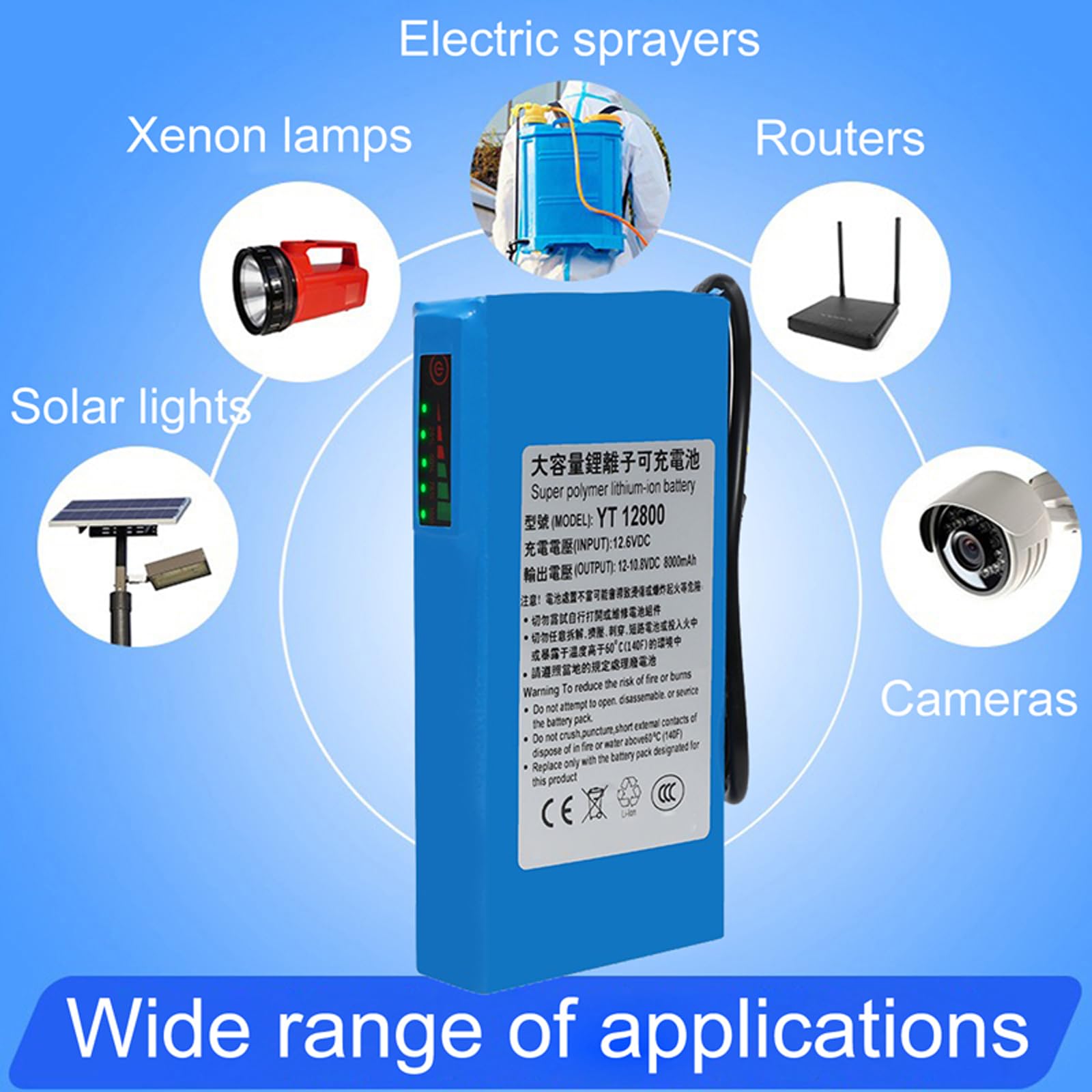 Batería de Litio de 12 V, 8000 mAh, CC, Recargable, portátil, para DVD, Reproductores CCTV, MP4, Tiras de Luces LED y cámaras con Cargador,with Light 12v 8000mah