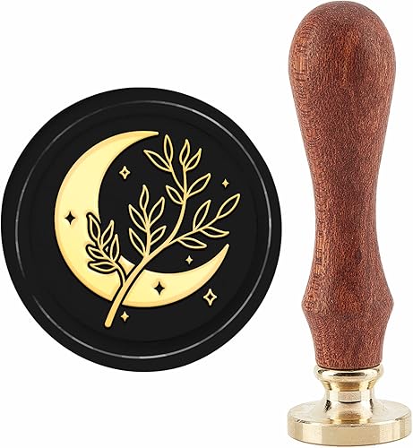 CRASPIRE Sello de cera de luna con hoja de 1.181 in de latón extraíble con mango de madera, sobre de boda, hojas de plantas, sello de grabado para
