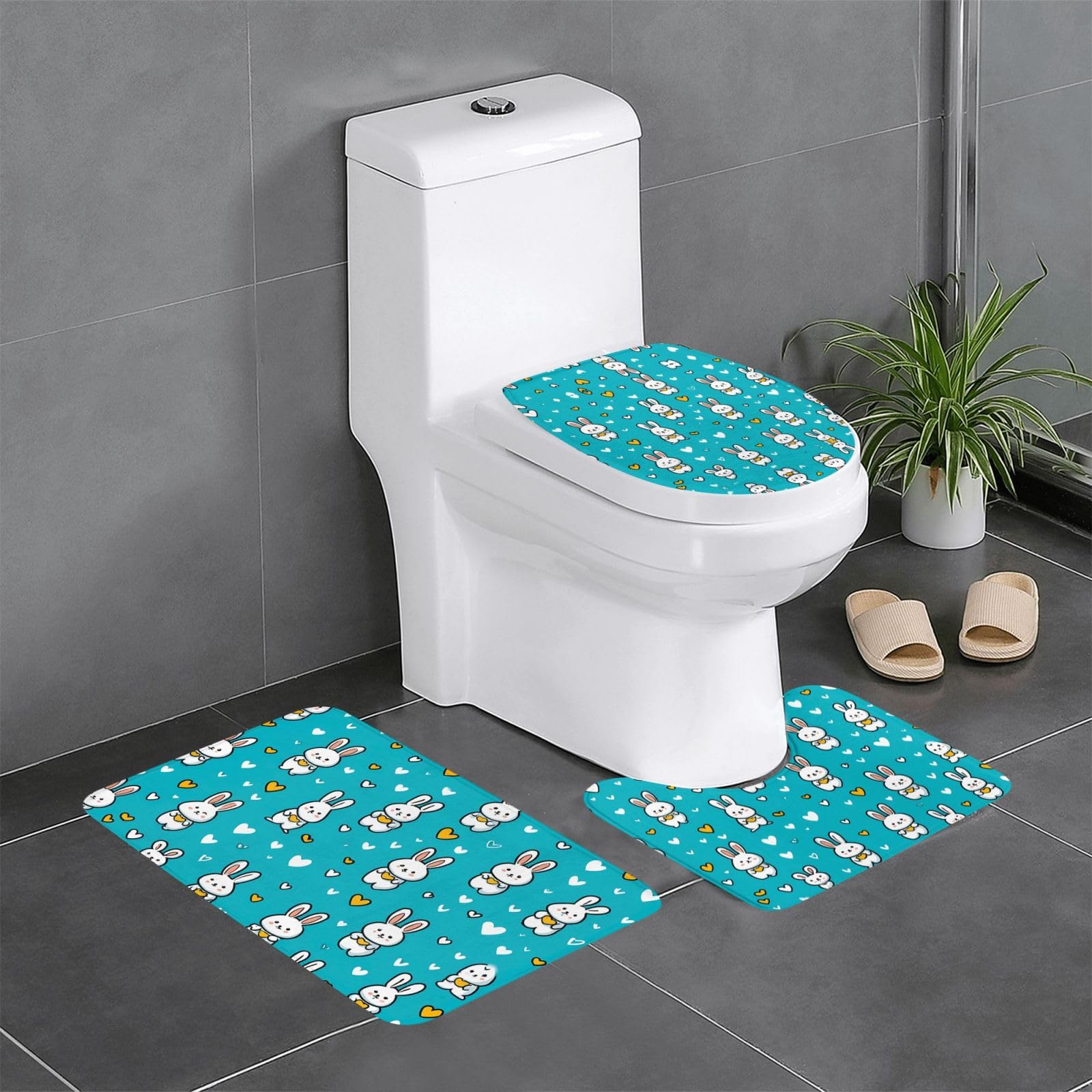 Tapis de salle de bain antidérapant lot de 3 avec motif lapin mignon