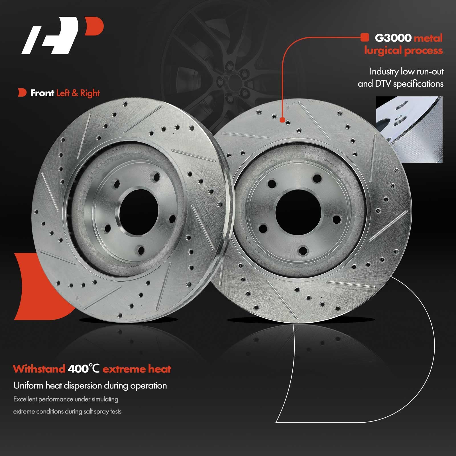 APremium 12.6 inch (320mm) Front Drilled and Slotted Disc Brake Rotors