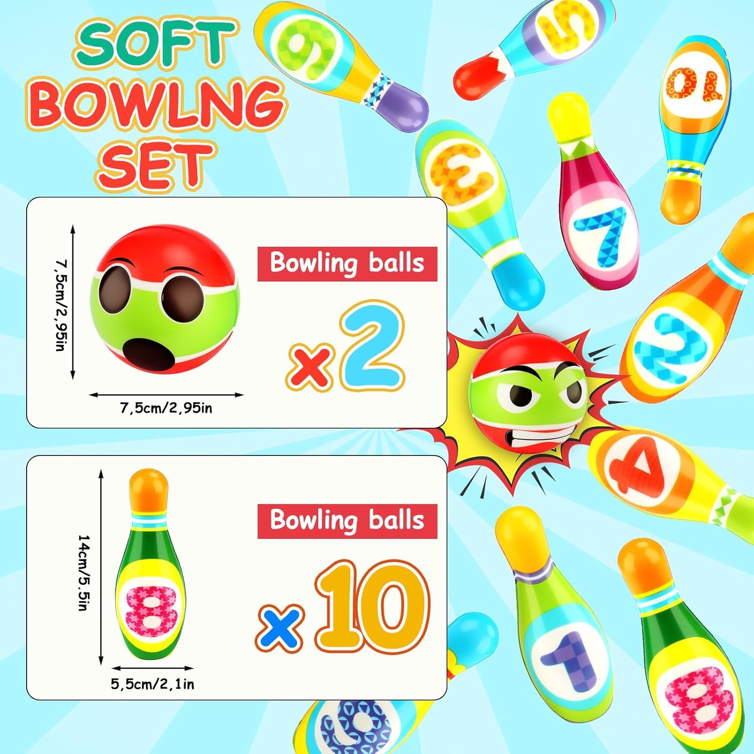 Bowling Enfant,Jeu de quilles pour Enfants,Jouets Montessori,10 Quilles Colorées + 2 Balles en Mousse,Idée Cadeau pour Garçons et Filles (à partir de 3 Ans)