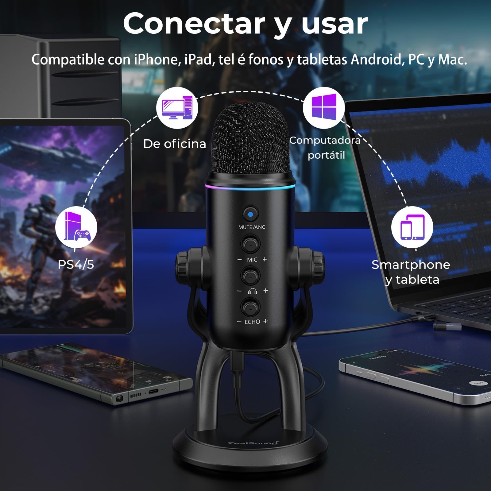 zealsound Micrófono USB, Plug & Play, para podcasts, PC y teléfono, Z5 | con cancelación de Ruido, Silencio de Ganancia, Condensador de Escritorio para grabación, Streaming, Juegos, ASMR, Creadores