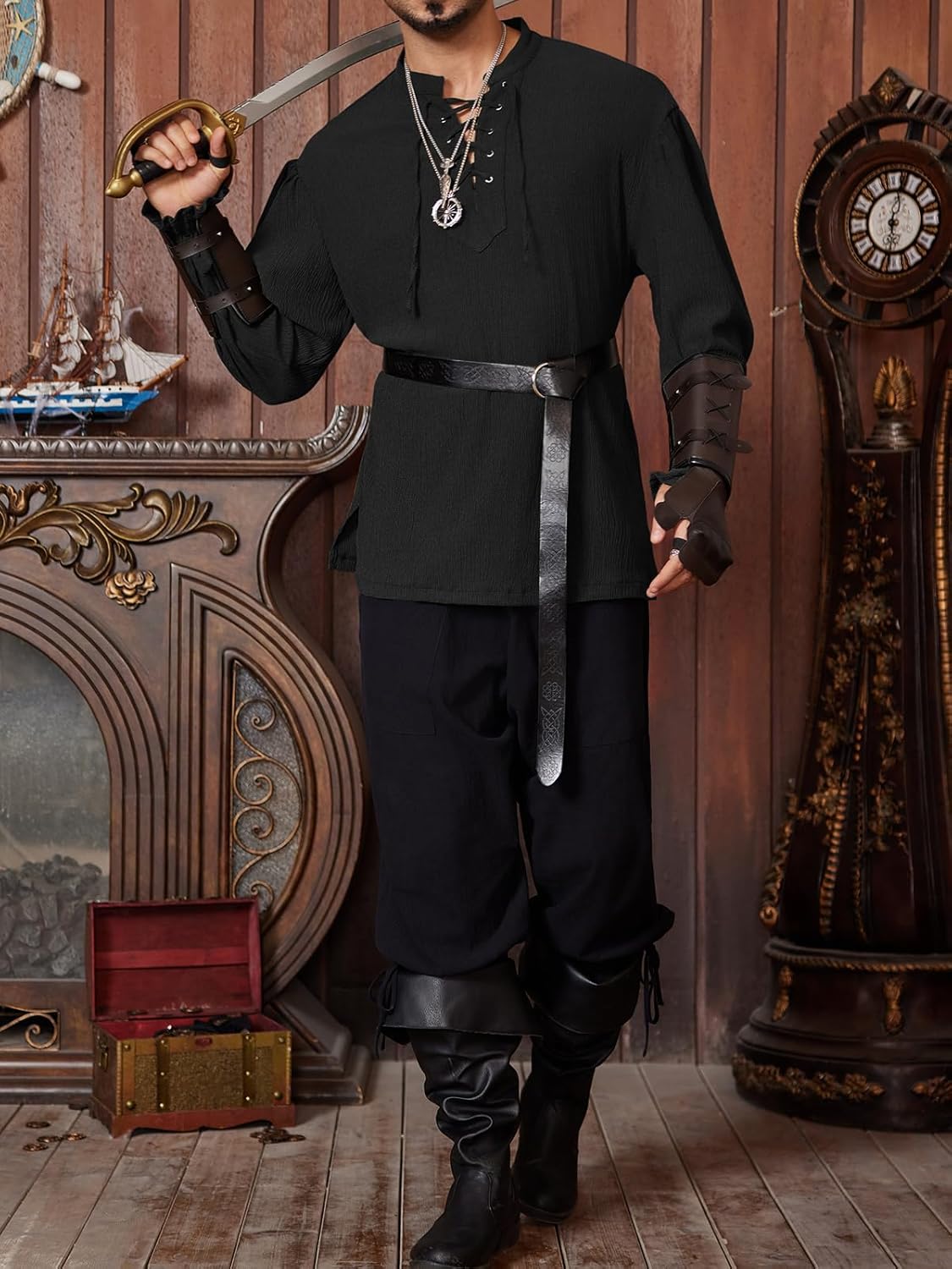 Runcati Mens Medieval Pirate Shirt Viking Renaissance Lace Up Long Sleeve Gothic Halloween Victorian Costume Tops - Image 4