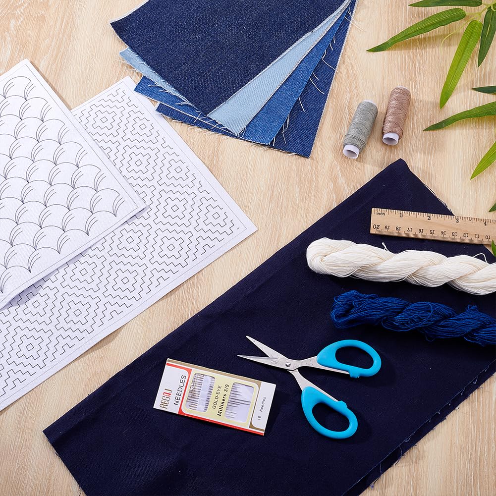 Kit Sashiko Avec Gabarits Hydrosolubles - Réparation Et Broderie Japonaise, Inclus Tissus, Fils, Aiguilles