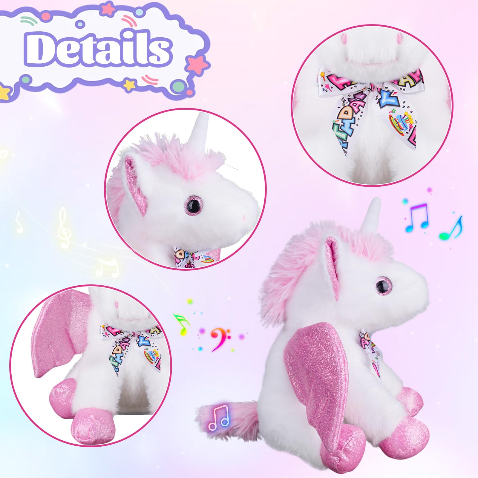 Happy Birthday Gifts - Peluche a forma di unicorno con la canzone di buon compleanno, unicorno con ali mobili, regalo per feste per bambini, ragazzi, ragazze, bambini, 28 cm, rosa