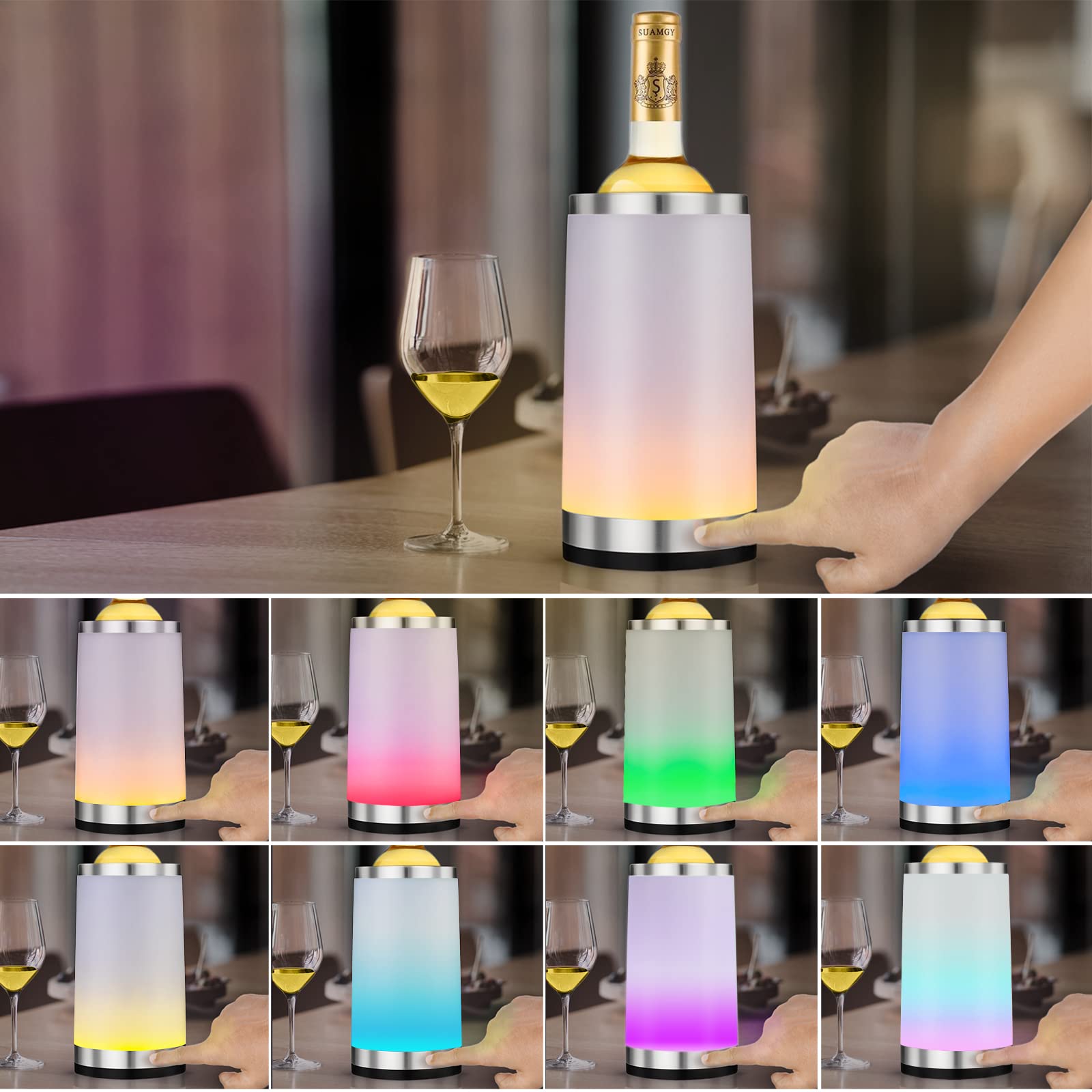Enfriador de vino con lámpara táctil Ambient RGB recargable, enfriador de botellas para 750 ml, ideal como regalo de vino para hombres
