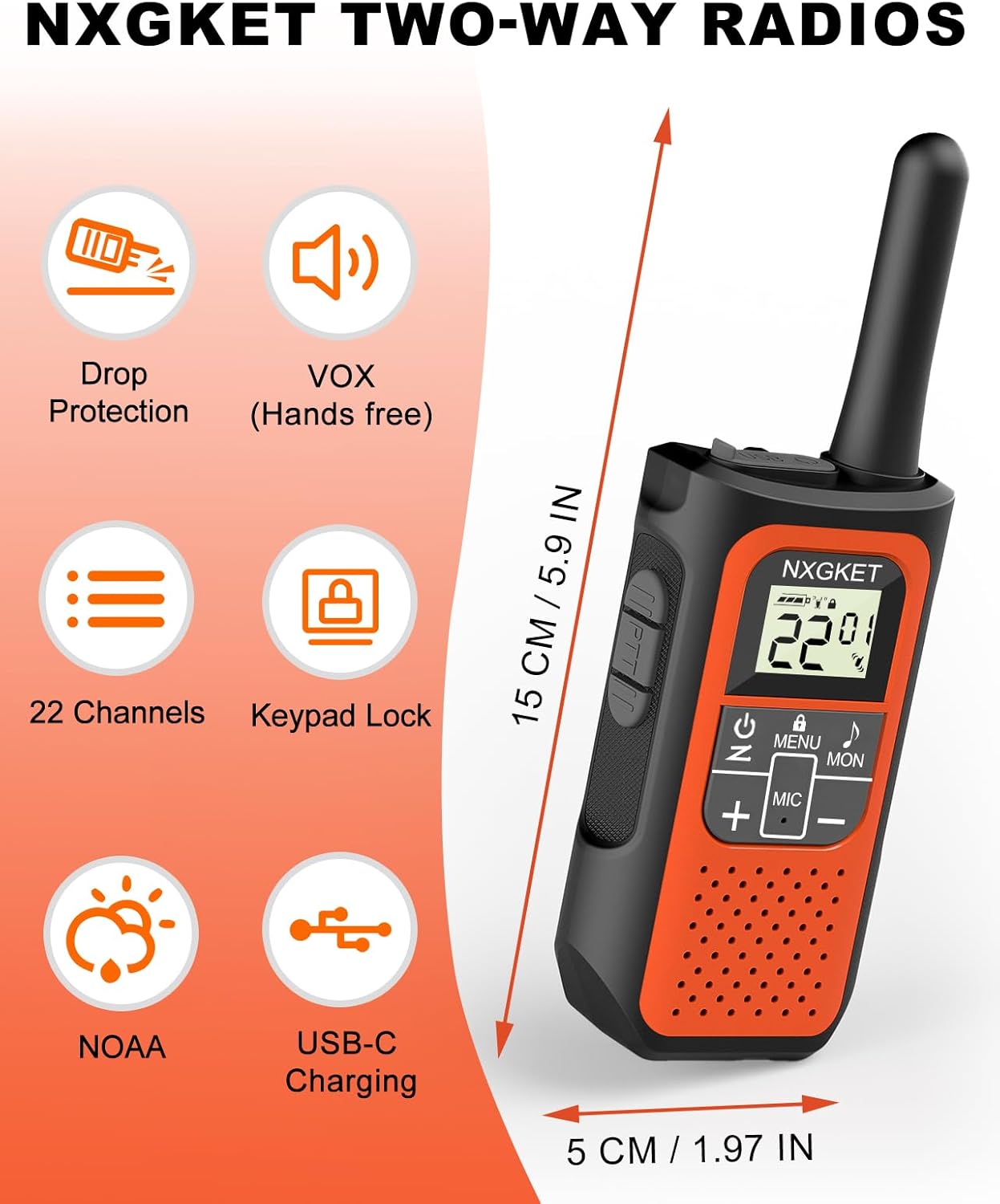 NXGKET Two-Way Radio with icons for features and dimensions
