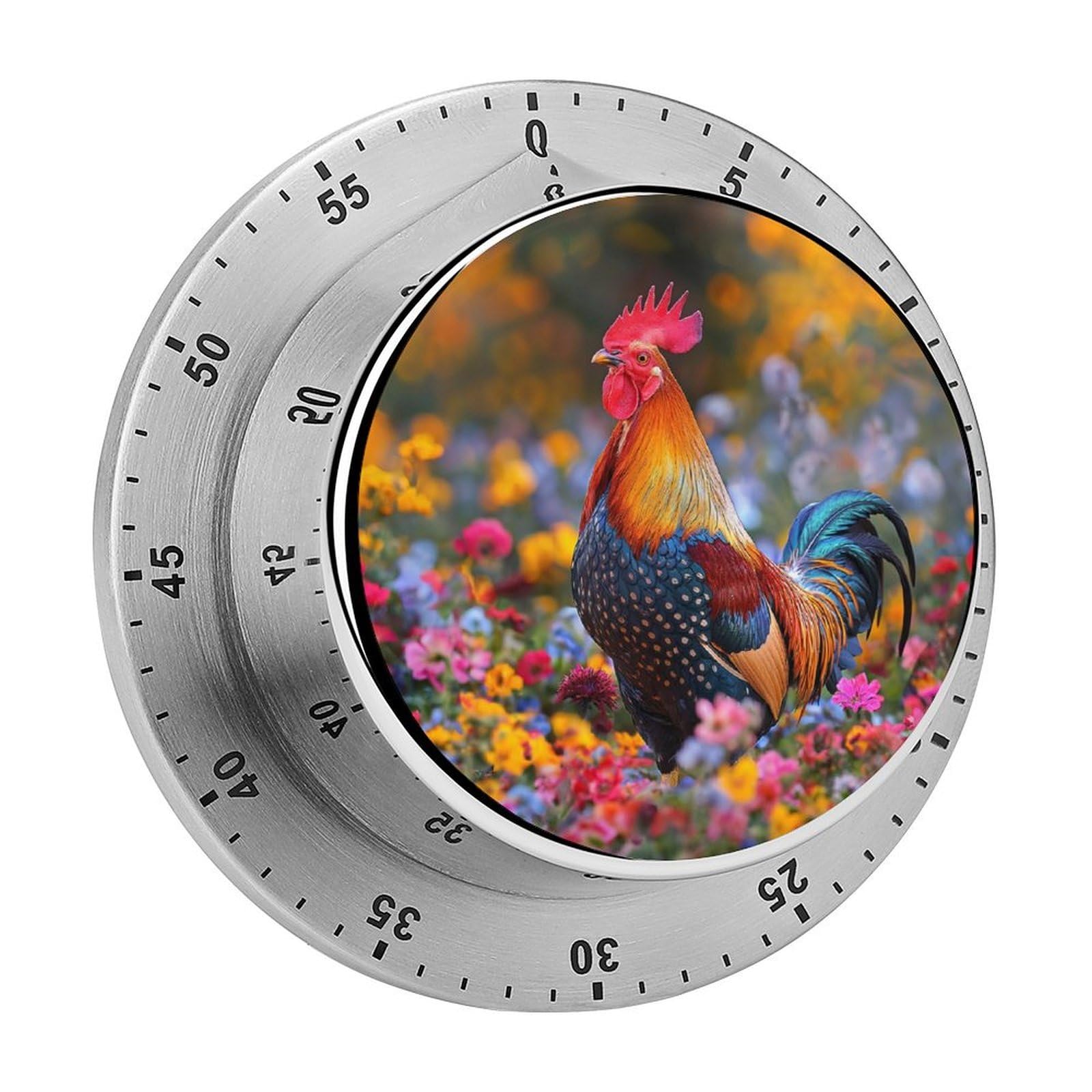 Rooster Colorful Flowers Kitchen Timer Magnetic Countdown Countup Timer for Cooking Baking 8x8cm