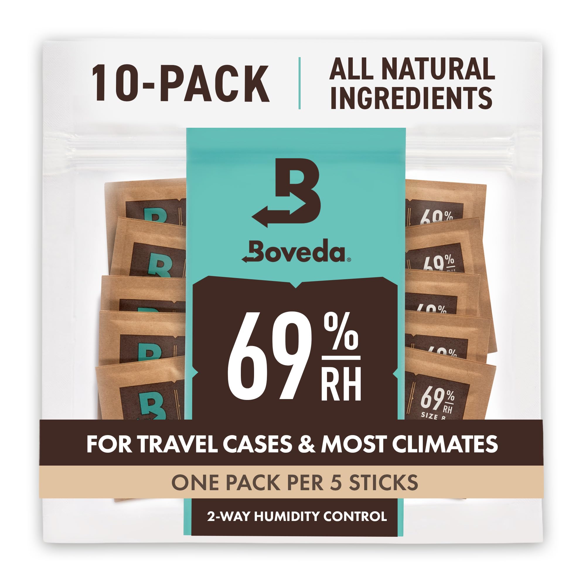 Boveda 69% RH 2-Way Humidity Control – Restores & Maintains Humidity – All In One Solution For Humidification- Patented Technology for Cigar Humidors – Convenient & Versatile - 10 Count Resealable Bag
