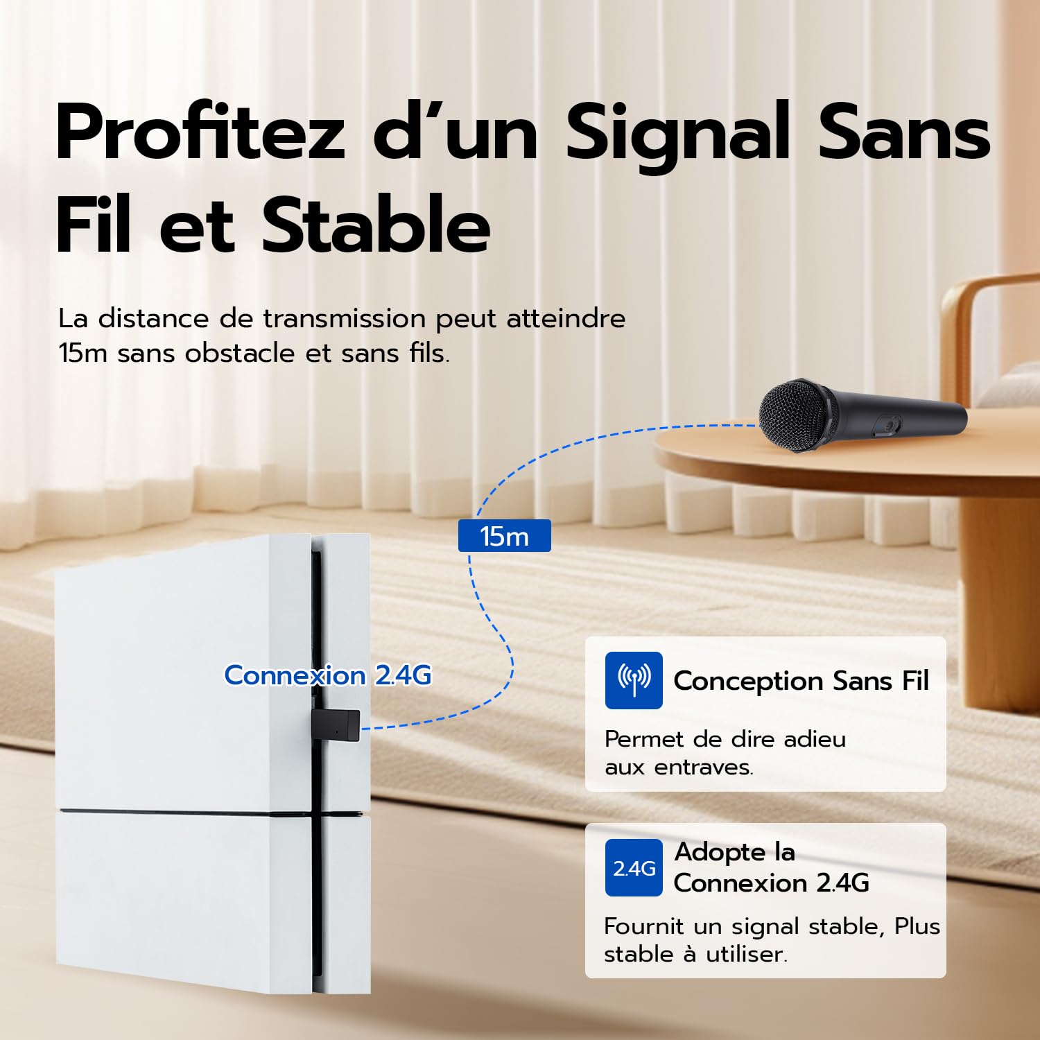 Mcbazel Faible Latence 2,4 G Microphone à Main sans Fil pour PS5 / PS4 / Pro / PS3 / PS2 / Xbox Series X | S/Xbox One X | Commutateur S/Xbox One/360 /NS Switch 2/OLED/Wii/Wii U/PC