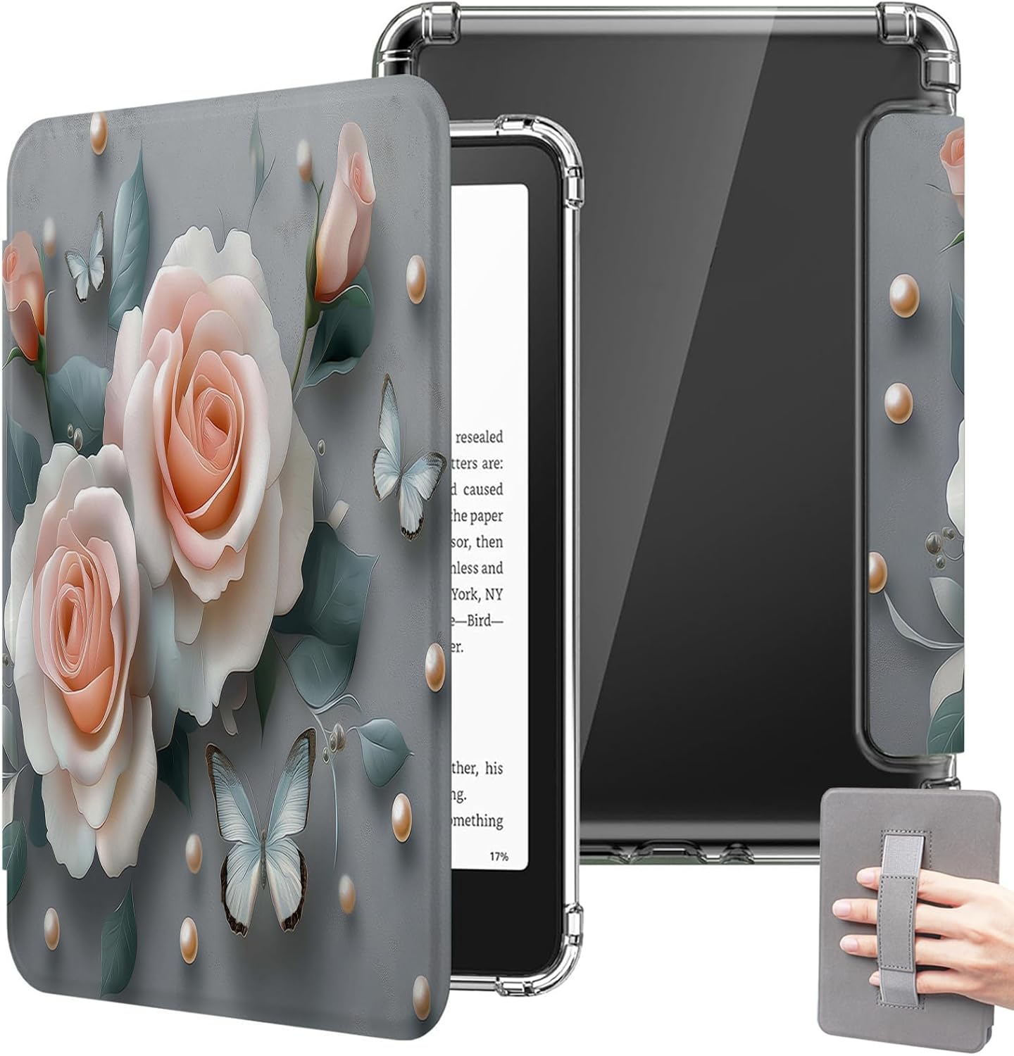 Case for Kindle Paperwhite (12th Generation) and Kindle Colorsoft Signature Edition 2024, 7" Soft Transparent TPU Back Cover with Hand Strap & Auto Wake/Sleep, 3D Flowers Butterfly