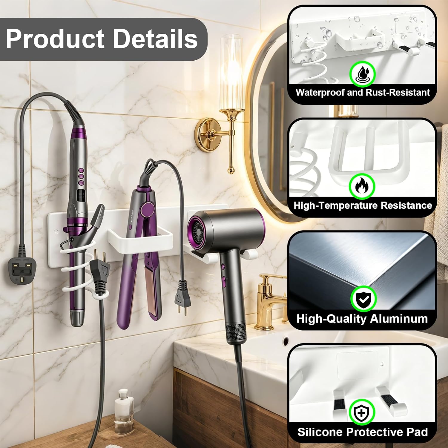 Hair Dryer Holder Wall Mount, 3 in 1 Hair Tool Organizer with Blow Dryer Holder & Curling Iron & Straightener Storage, Universal Bathroom Dryer Rack (Matte White)